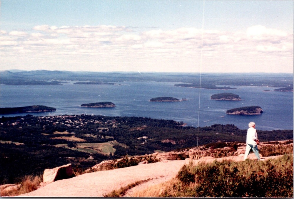 Vintage Color Photo Acadia National Park View with Woman on Rocky Trail 3x5-image