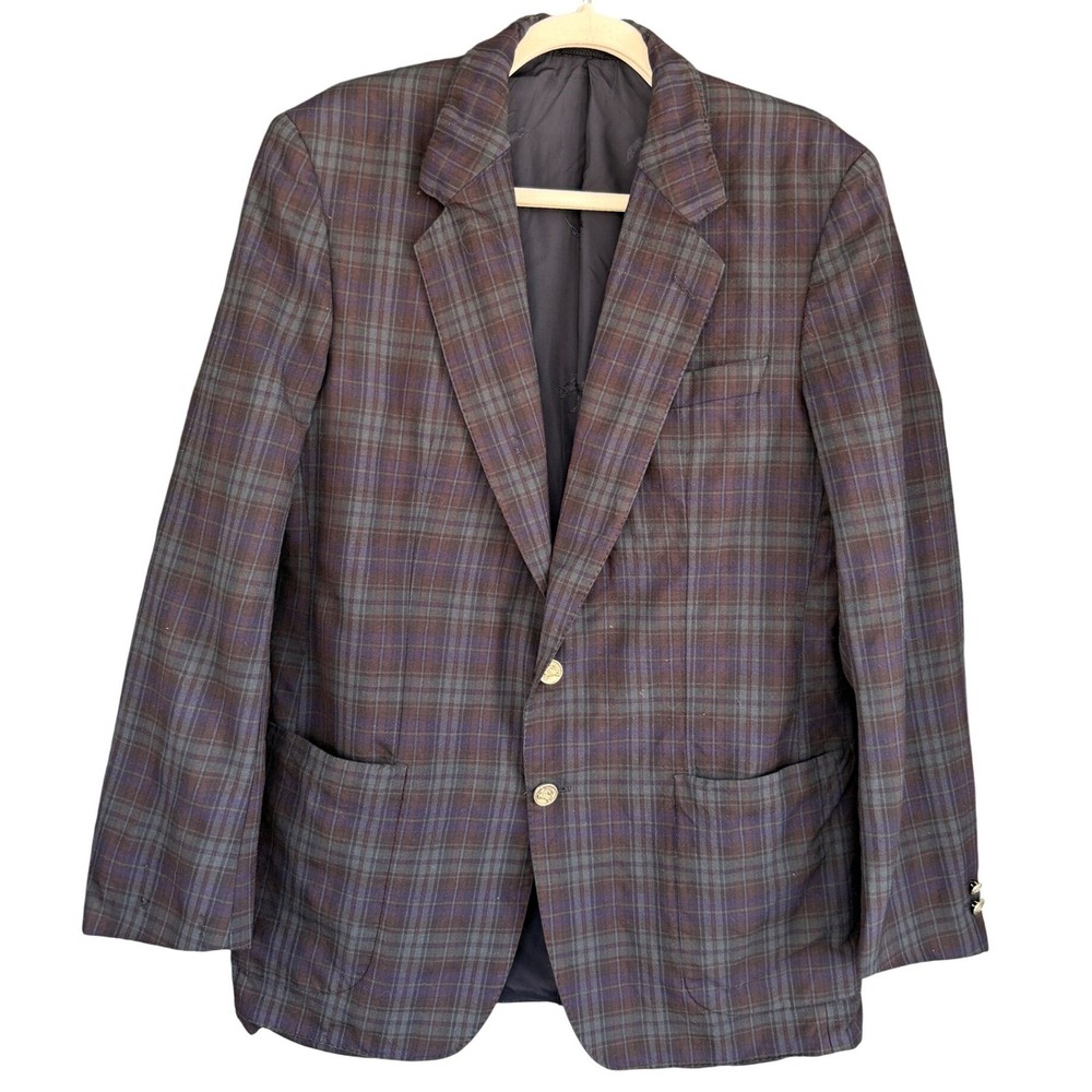 90s Vintage Burberrys Plaid Blazer Pure Wool Sport Coat Men's Blue green
