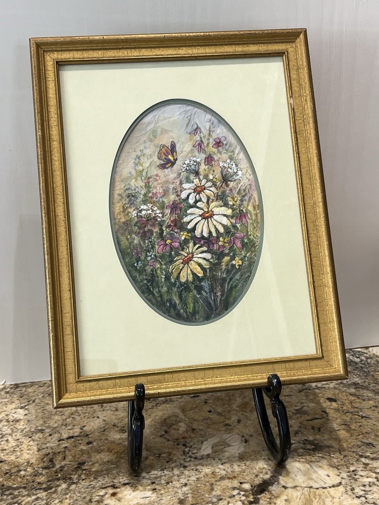 Vintage Original Framed Watercolor Painting Wall Art Daisy Floral Butterfly