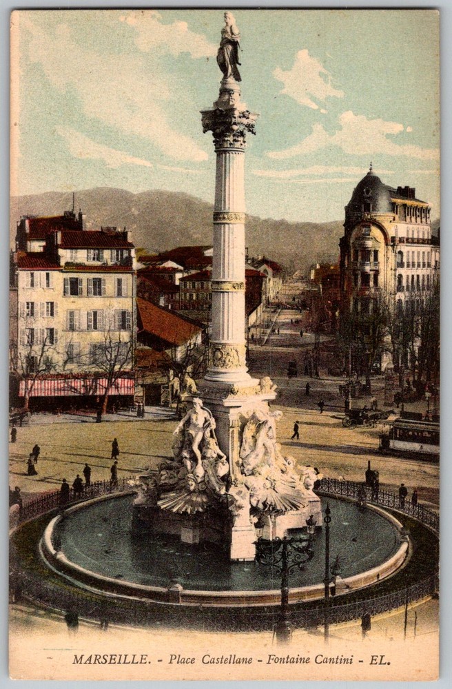 Antique Postcard Place Castellane Fontaine Cantini Marseille, Fr 1910s