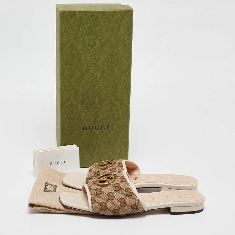 BNWT Gucci GG Canvas Double G Flat Slides Brown Cream Size 35