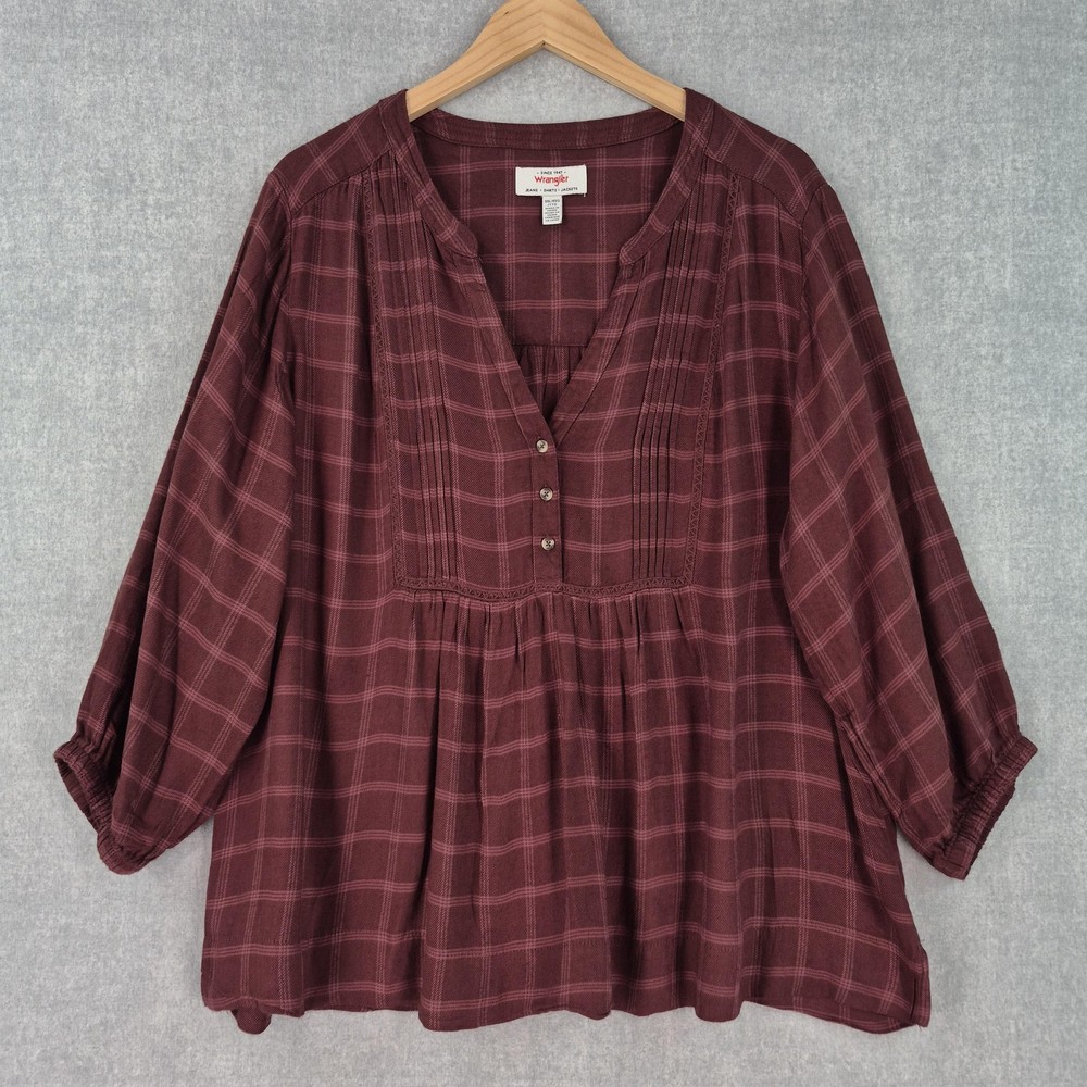 Wrangler Flannel Pleated Henley Baby Doll Tunic Top Womens* XXL Plaid Boho