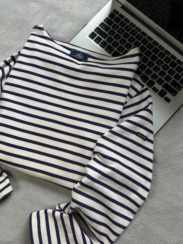 Saint James Men's Striped White/Blue Long Sleeve Shirt Size M