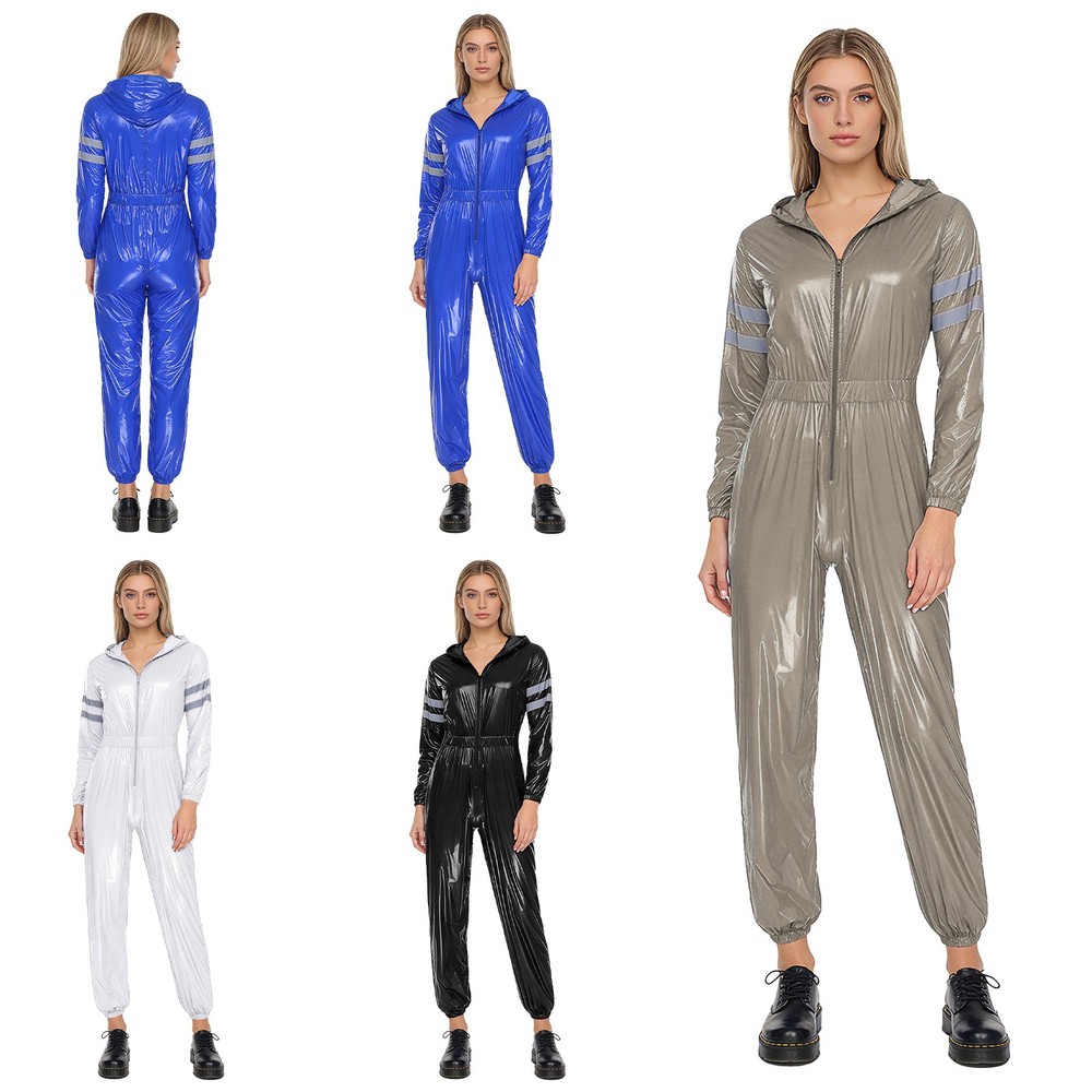 Womens Water Resistant Hooded Coveralls Reflective Strips Front Zipper Rompers