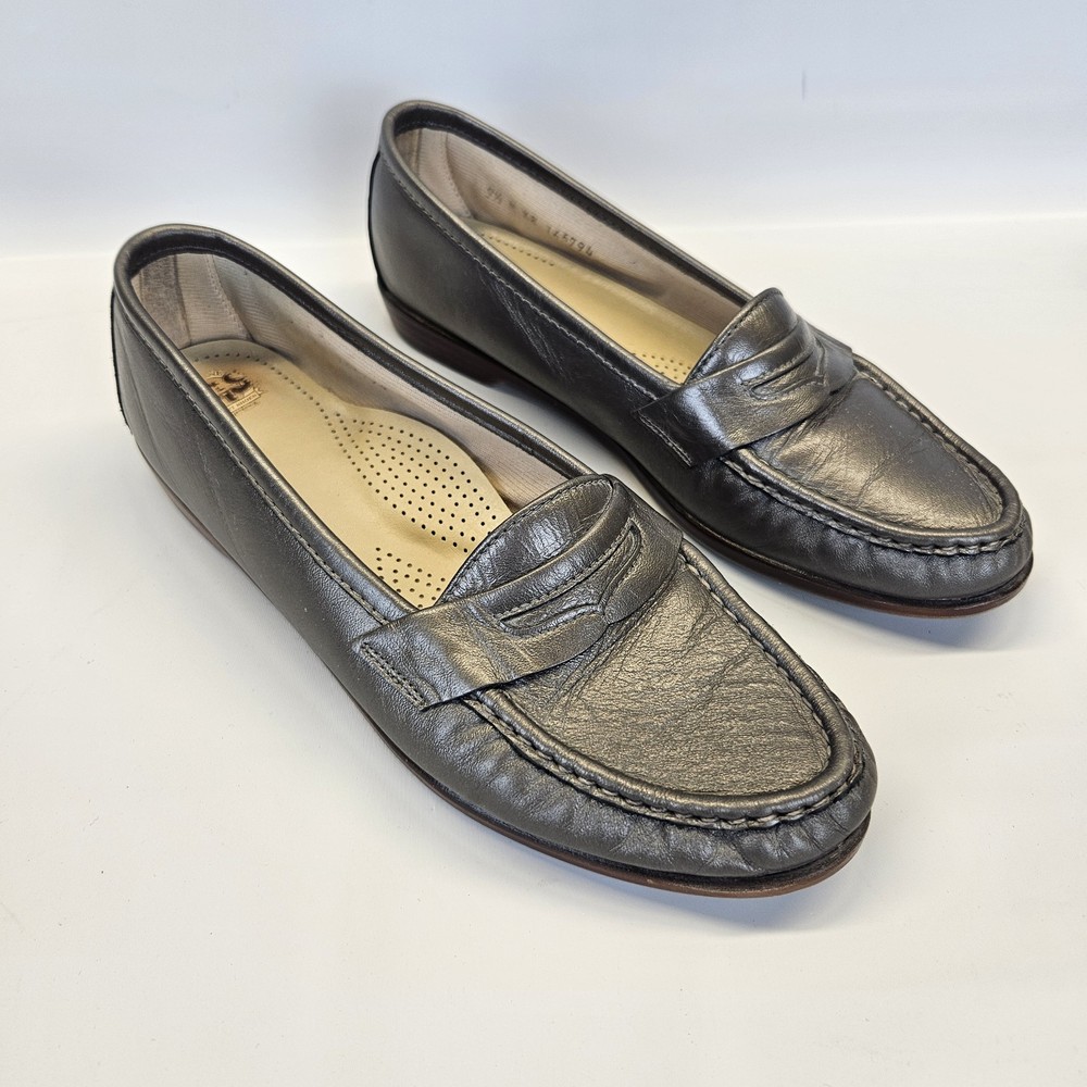SAS Pewter Silver Gun Metal Moccasin Penny Loafers Shoes Comfort Womens 9.5