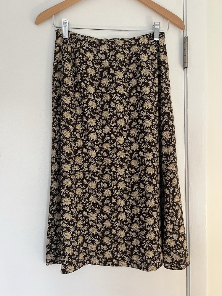Vintage 90s Talbots Petite Pure Silk Brown Floral Cottagecore Skirt Midi Size 4