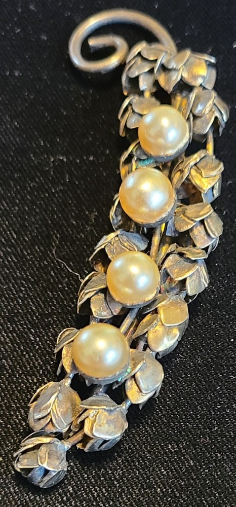 Coro Sterling Vermeil Brooch/Faux Pearl Accents/Signed/Lily Of The Valley Design