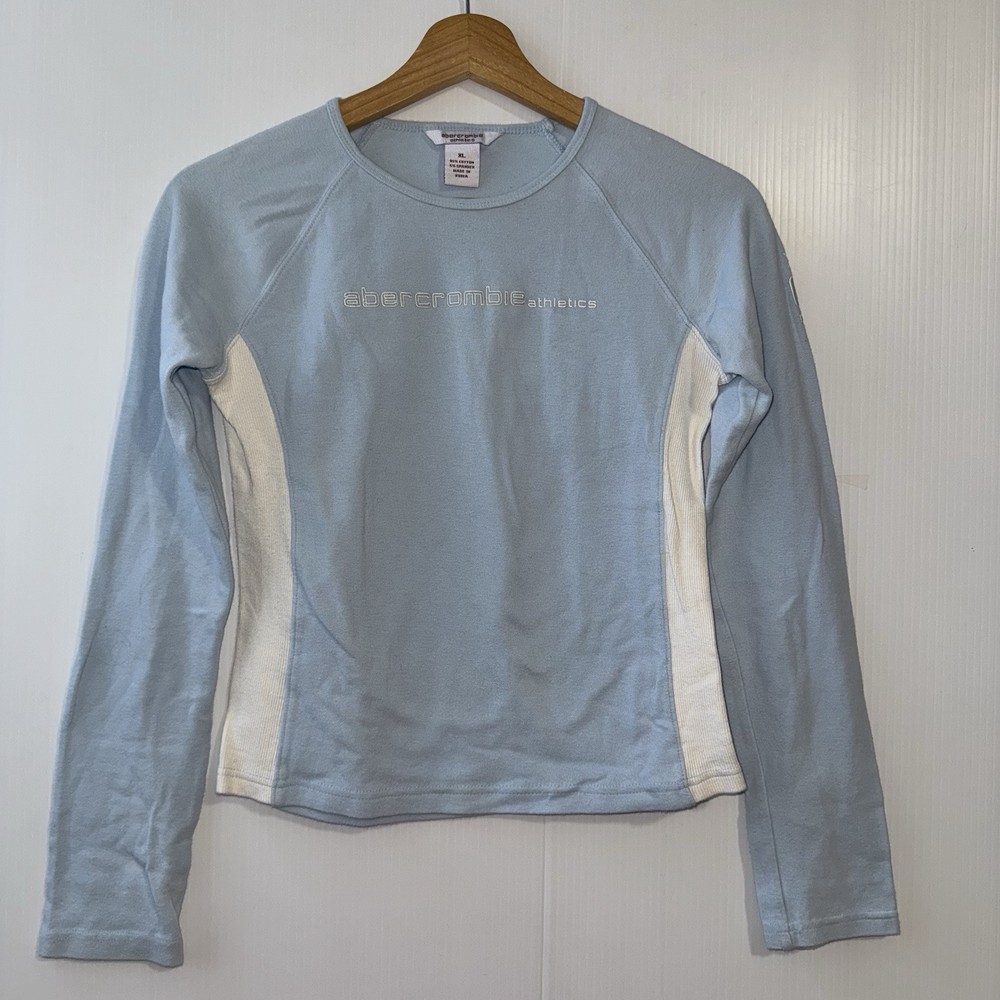 Vtg 90's Y2K  Abercrombie Athletics-01 Women T-Shirt Long Sleeve Sz XL Blue Whit