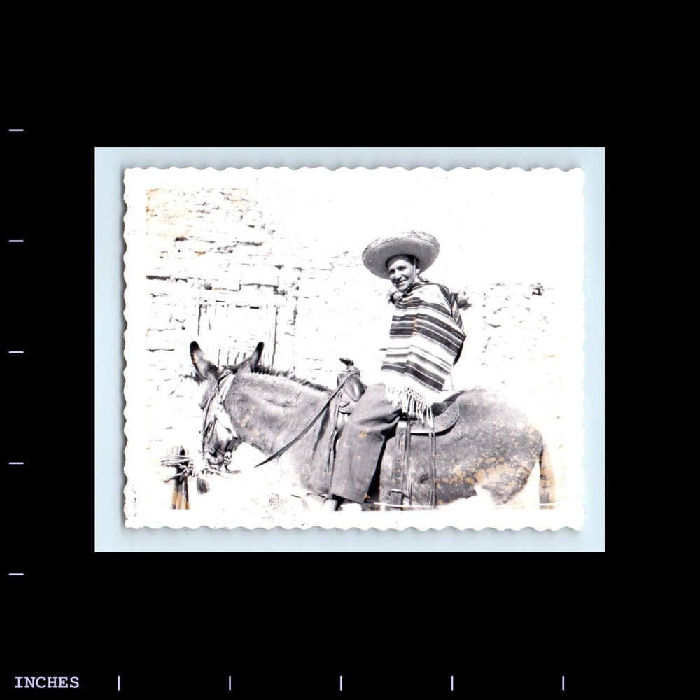 Old Vintage Photo MAN SOMBRERO HAT PANCHO RIDING DONKEY MULE POLAROID