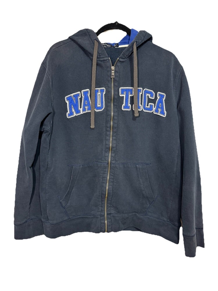 Y2K Vintage Nautica Hoodie Mens Navy Blue XL Embroidered Full-Zip Athletic
