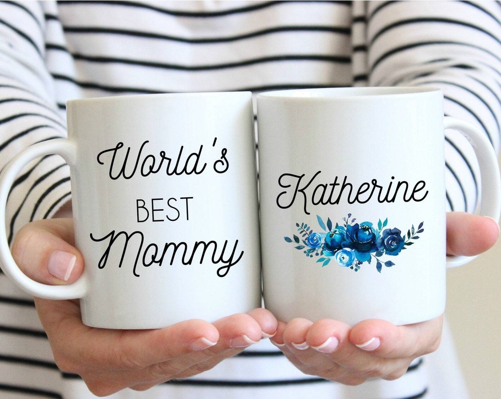 World S Best Mommy Personalized With Blue Flower Design Mug Mommy Coffee Mug