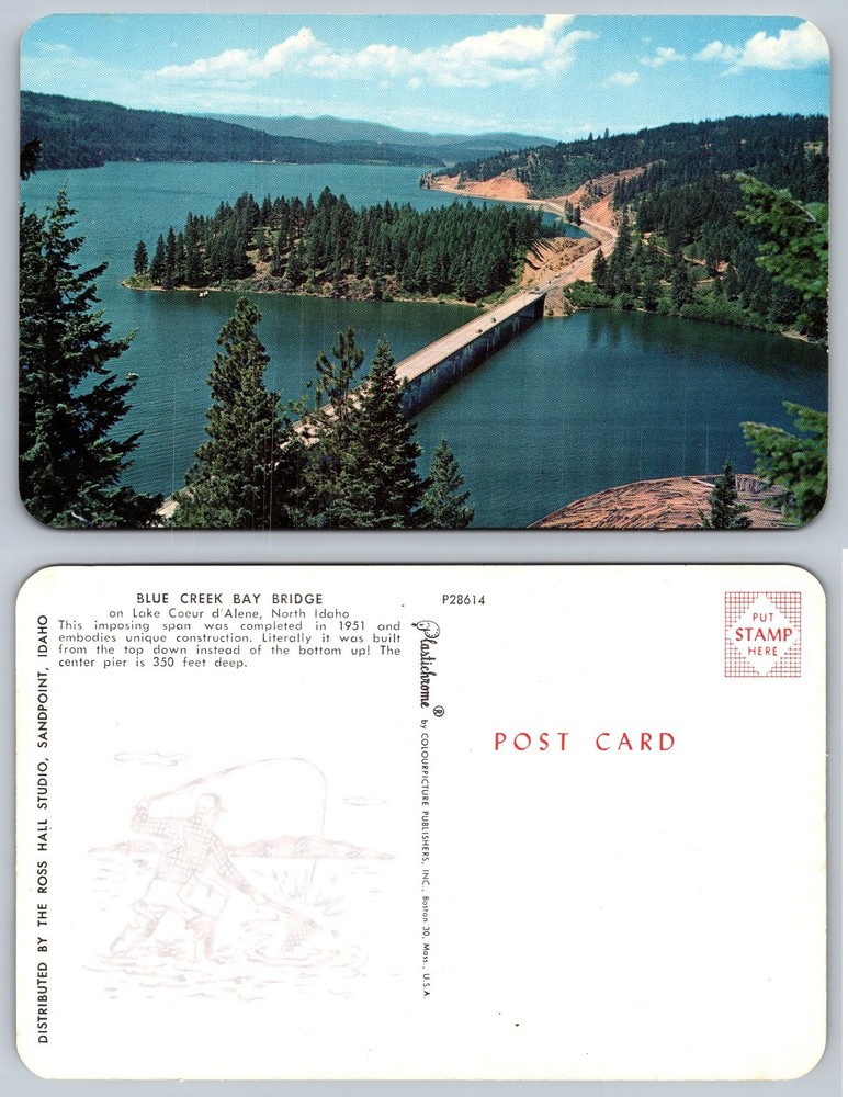 Blue Creek Bay Bridge Lake Coeur d'Alene Idaho 1951 Plastichrome Postcard