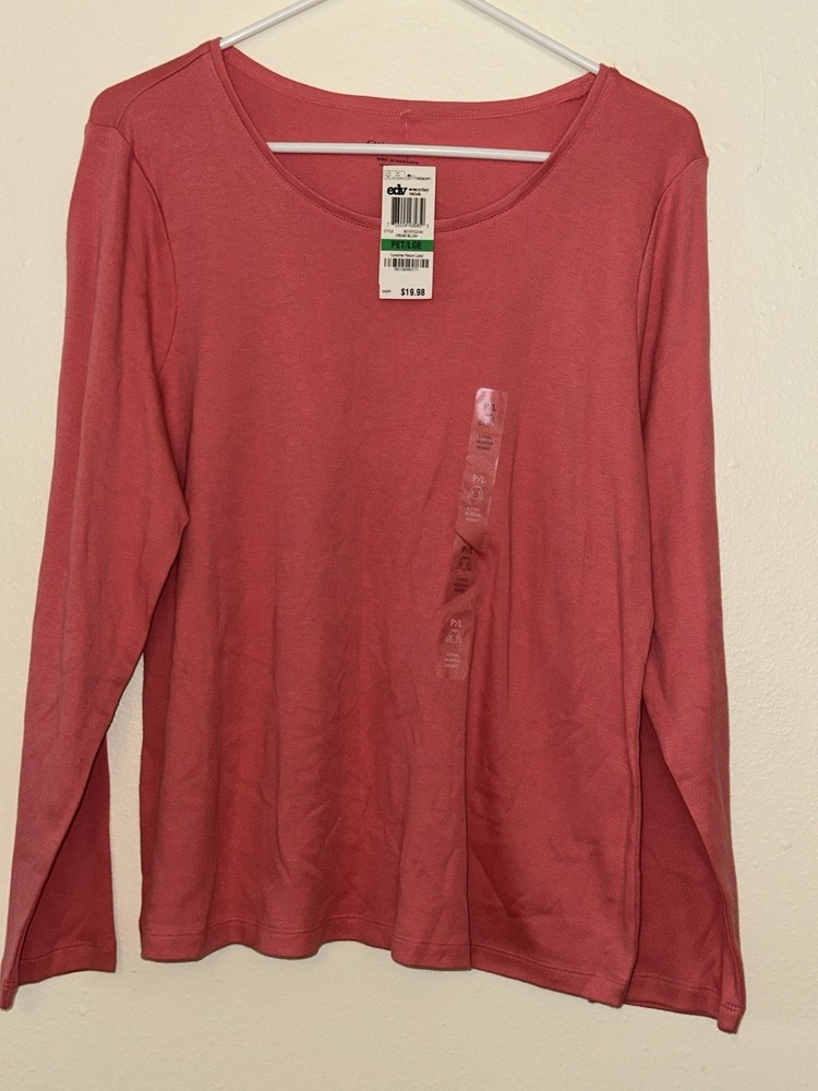 Charter Club Pink 100% Pima Cotton Scoop Neck Long Sleeve Top Petite L