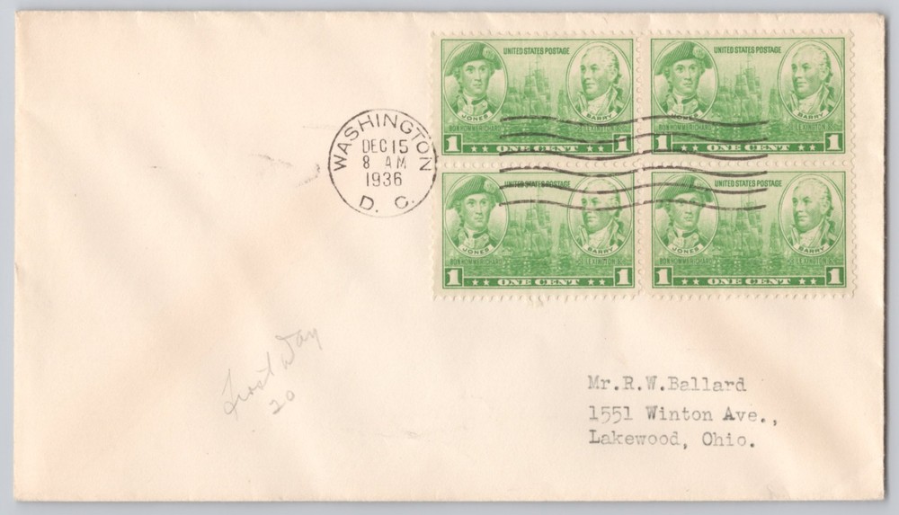 Washington, D.C., Cancel with Block of Four 1c Stamps to Lakewood OH 1936