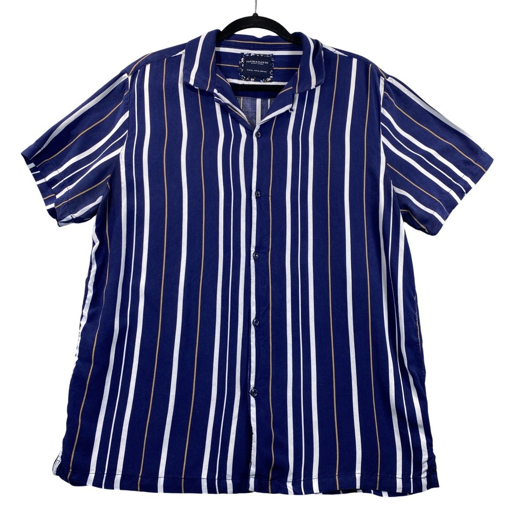 Denim & Flower Ricky Singh Mens XL Blue White Striped Viscose Camp Shirt Summer
