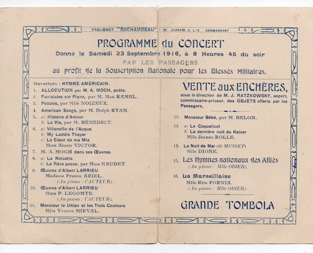 1916 Concert Program from the Steamship Rochambeau of the Transatlantique Line