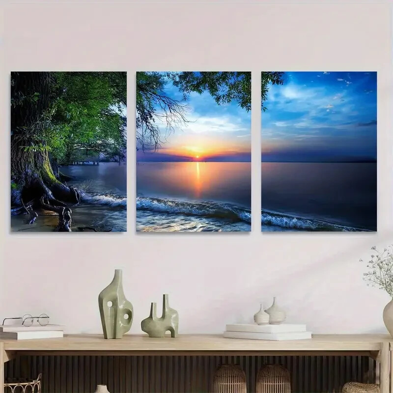 3pcs  Vibrant Beach Scene with Palm Tree Metal Print  Ready to Hang Art