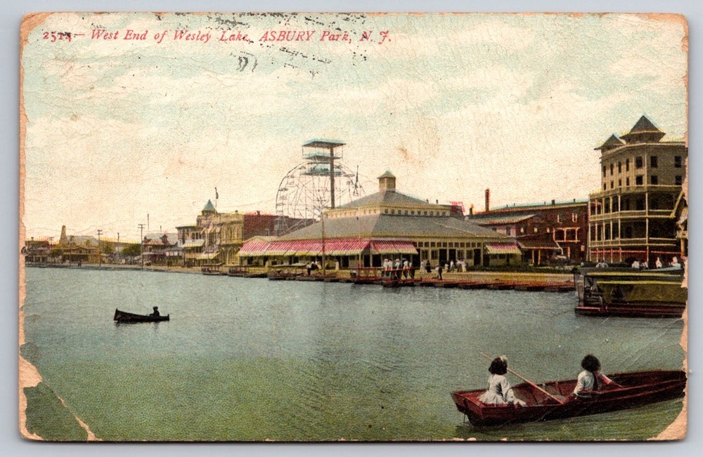 1908 Asbury Park NJ Wesley Lake Ferris Wheel Palace Amusements Vtg Postcard