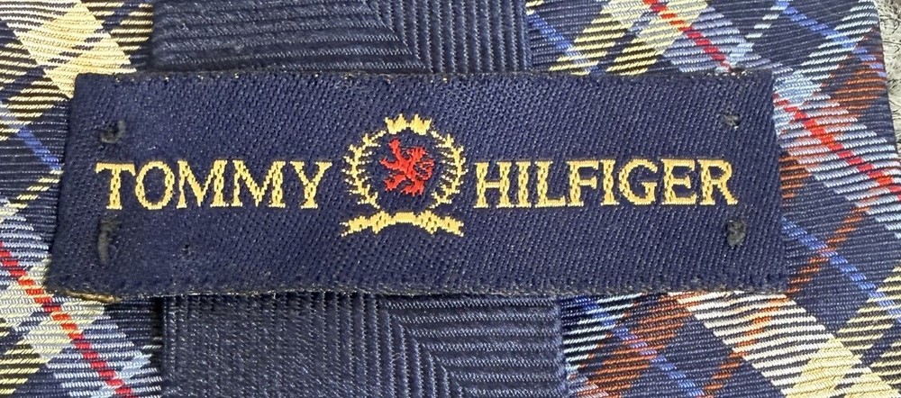 Vintage Tommy Hilfiger Plaid Necktie Blue Red Gold Silk Preppy Classic Tie