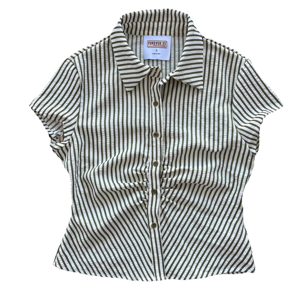 Forever 21 Green Stripe Retro Button Down  Cropped Fitted Blouse Women’s Small