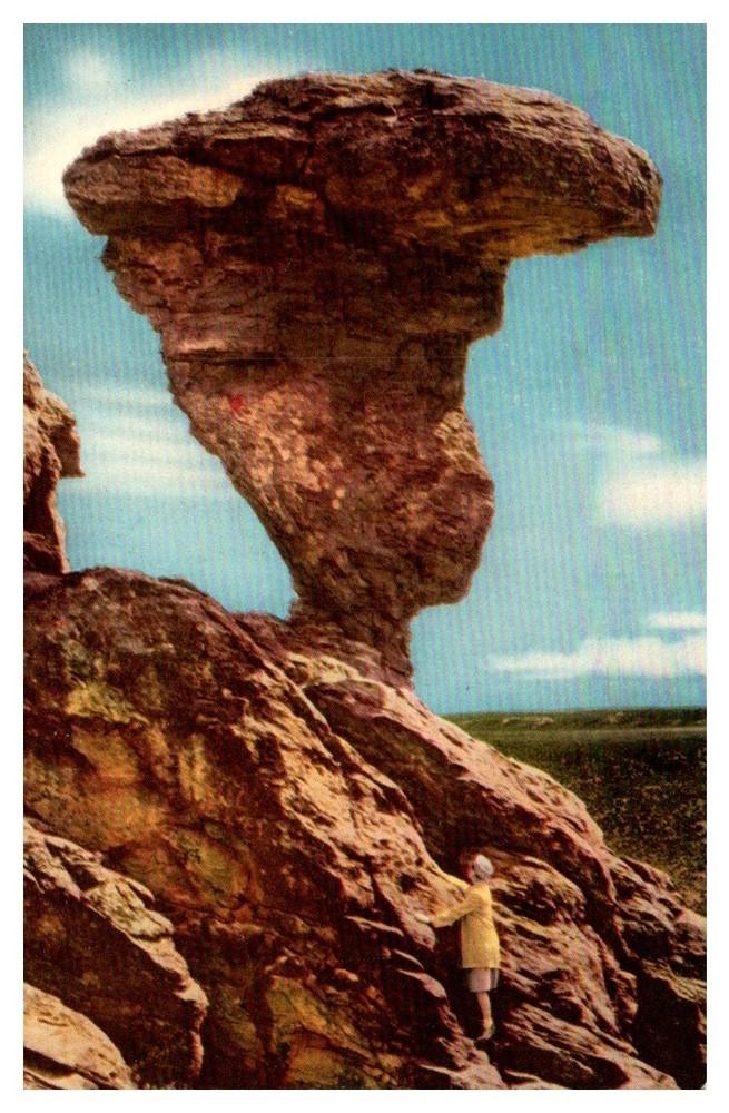 1940s View of a Lady at Balanced Rock Near Buhl Idaho Vintage Postcard