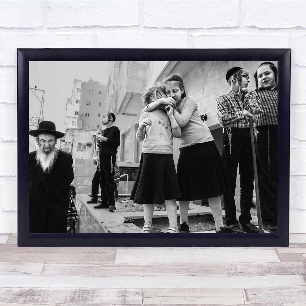 Bnei Brak Children Whisper people street black and white Wall Art Print