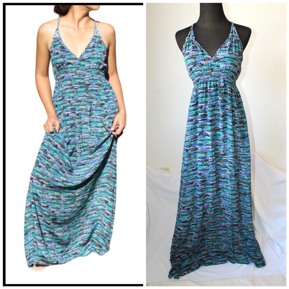 NWT Rieley Braided 100% silk blue maxi dress Size M Cross back Saks Fifth Avenue