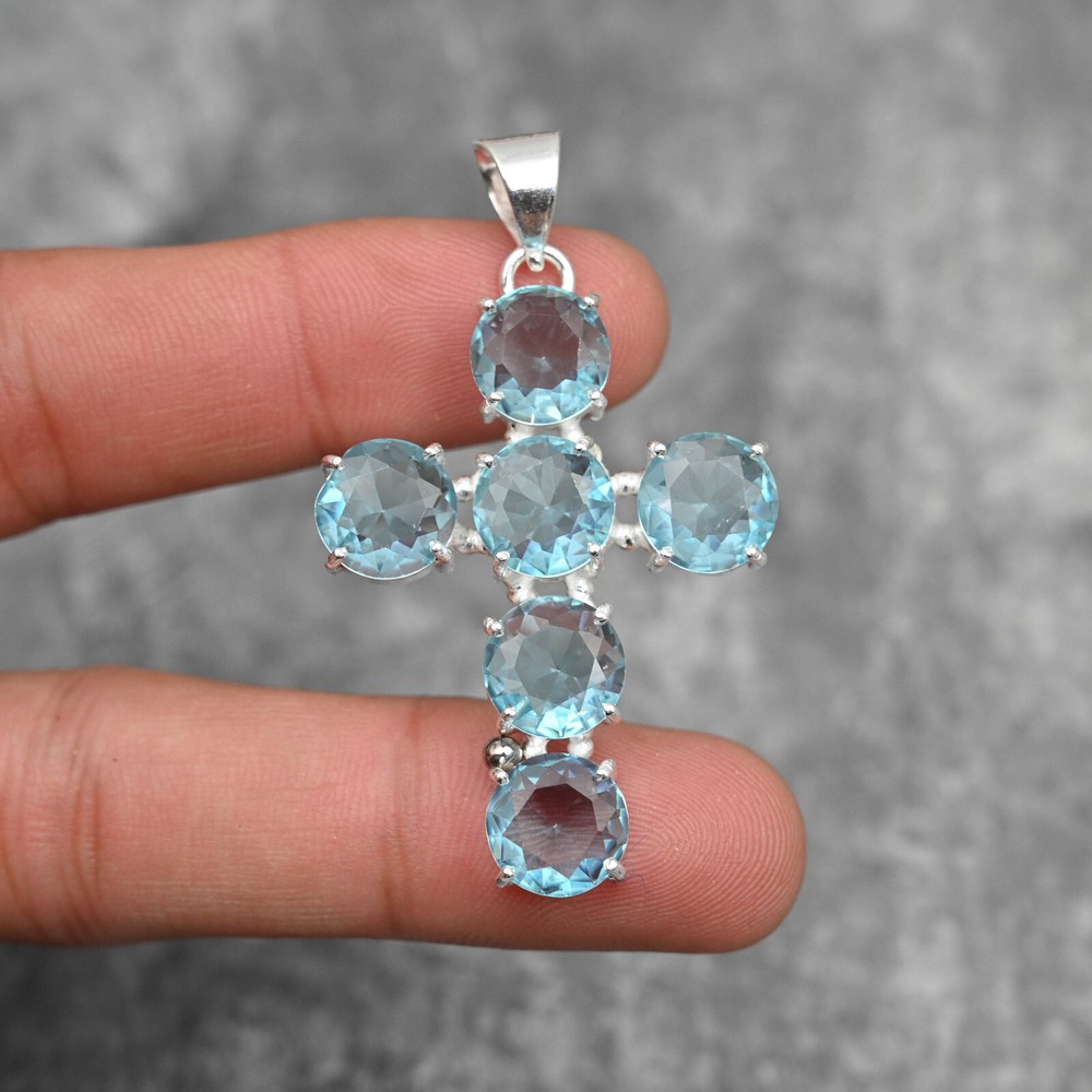 Blue Topaz Gemstone Cross Pendant 925 Sterling Silver Handmade Jewelry Love Gift