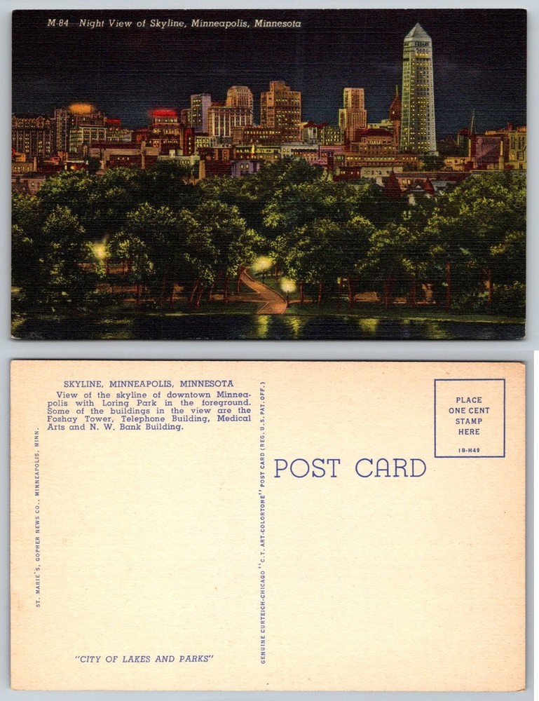 Vintage Minneapolis Skyline Night View Postcard Loring Park Foshay Tower Linen