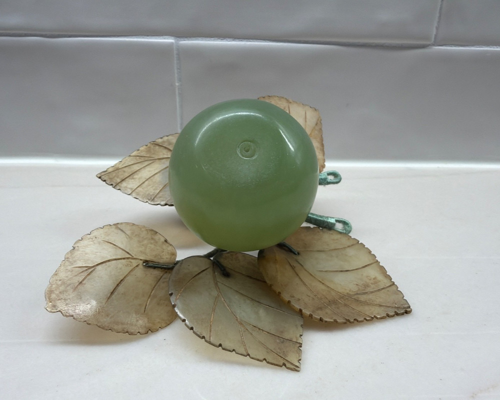 Vintage Chinese Jade Carved Stone Apple Fruit with Translucent Carved Leaves