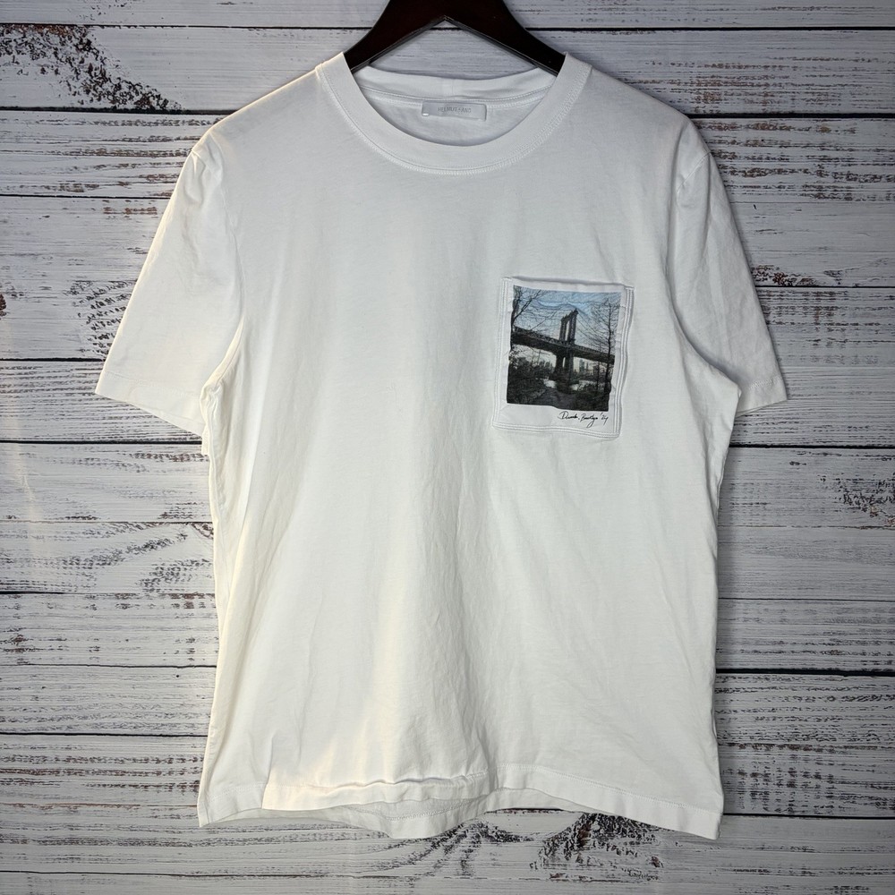 Helmut Lang New York Bridge Postcard Pocket Graphic T-Shirt White Men’s Large