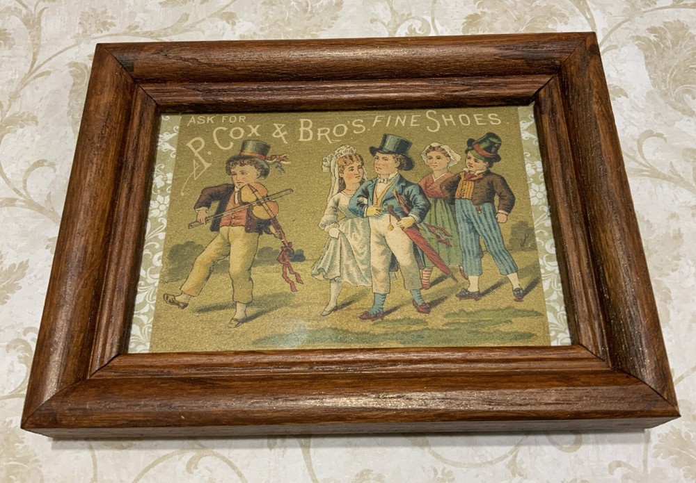 Vintage Antique Framed Victorian Trade Card, Young Children In Fancy Dress Shoes