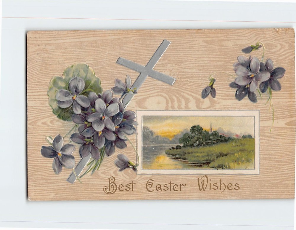 Postcard Embossed Flower and Cross Print Easter Holiday Greeting Card