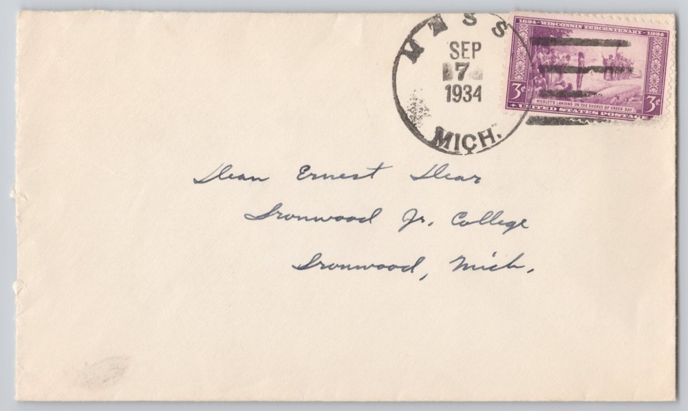 Ironwood, Michigan, Postmark Cover to Dean Ernest, 3c Purple Stamp, 1934