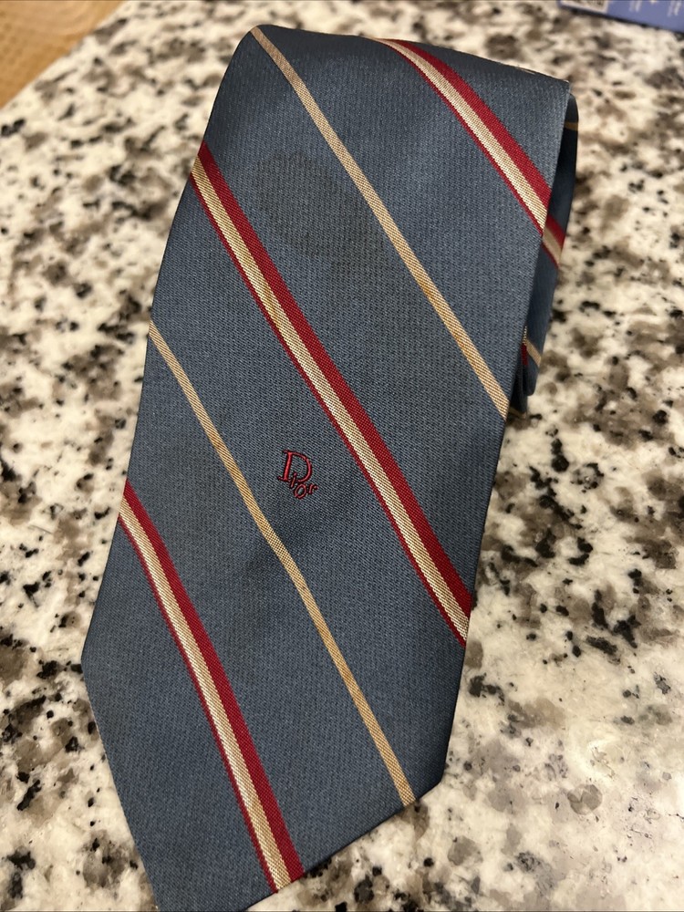 VTG Christian Dior Paris Men's Navy Blue Silk Tie with Red Stripes- Some Stains