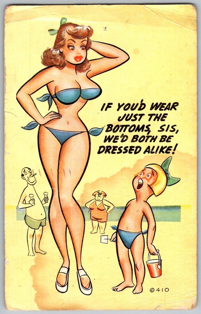 Vtg Postcard Pinup Bikini Beach Cartoon Green River, WY 1950s