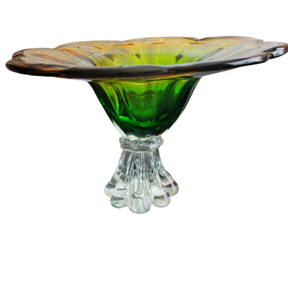 Vintage Murano Art Glass Hand Blown Brown Green White Flower Pedestal Bowl Unique Collectible