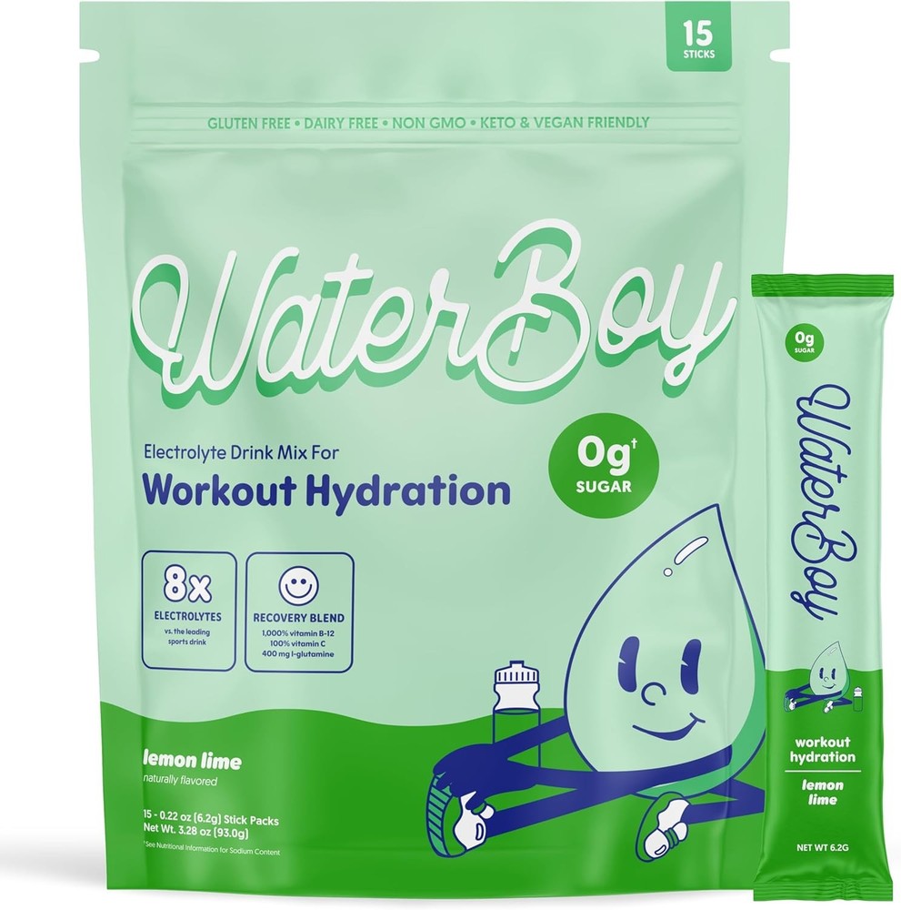 Sugar Free Electrolyte Powder Packets Waterboy 2960mg Lemon Lime 15 Stick Pack