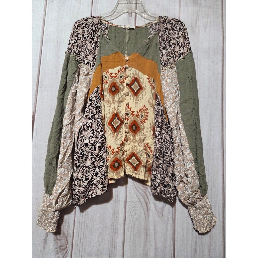 Oli & Hali Boho Patchwork Button Front Balloon Sleeve Top XL Earthy Floral