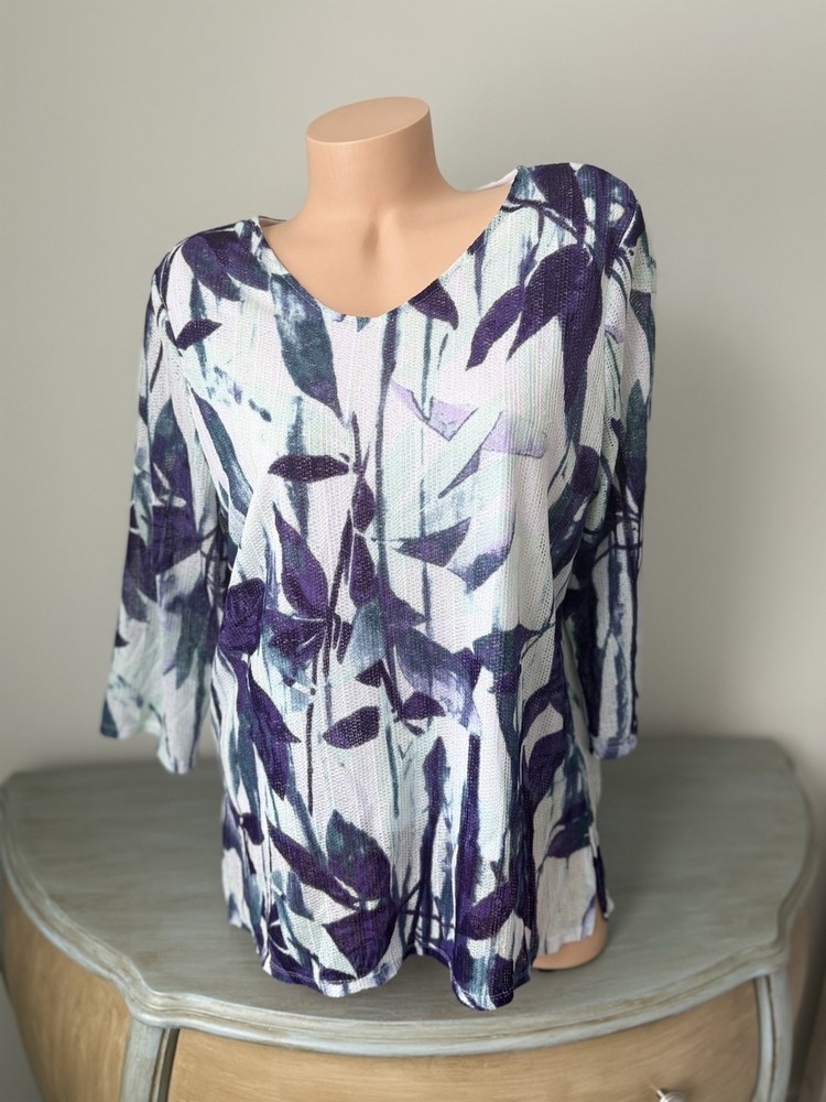 Chicos 3 Easywear Top XL Blue Floral Tropical 3/4 Slv Blouse Mesh Overlay Palm