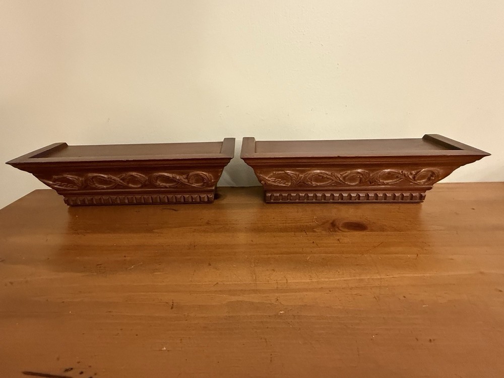 Set Of 2 Box Wall Shelf Dark Wood Decorative Carved Detailed Victorian Style