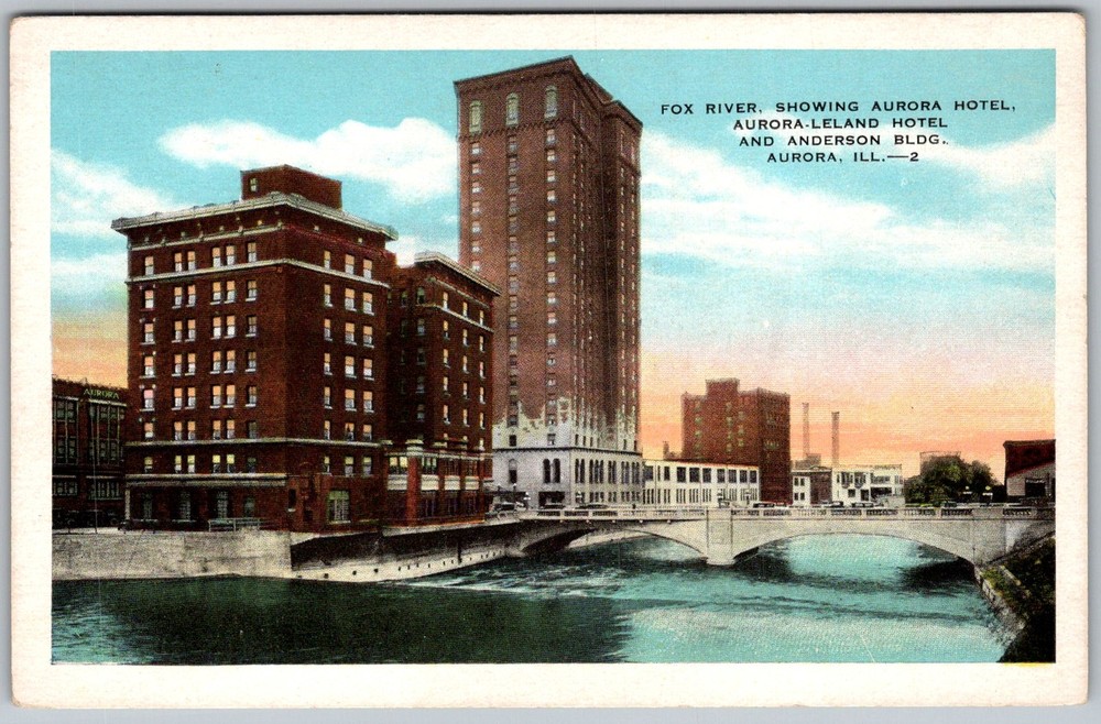 Vtg Postcard Leland Hotel Anderson Bldg Aurora, IL 1930s