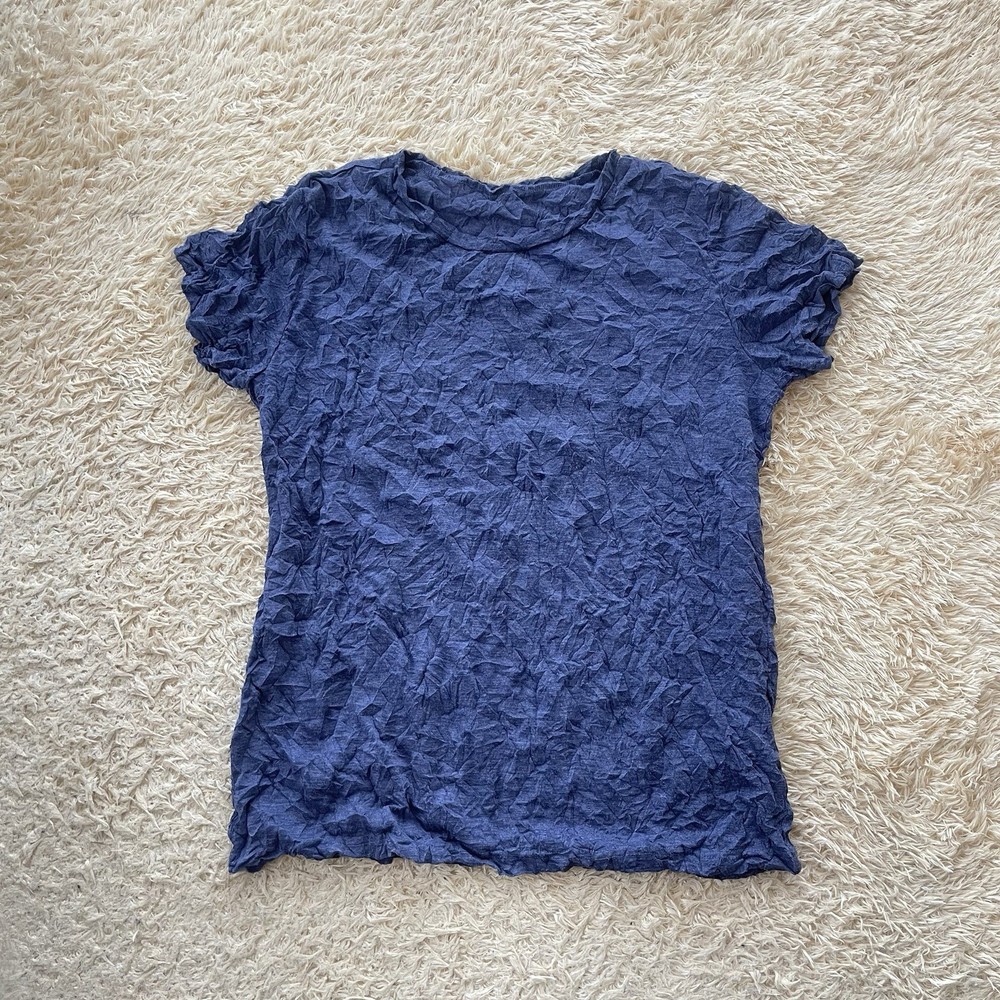 Issey Miyake me Top Womens Blue Crinkle Pleated Short Sleeve Shirt made in Japan