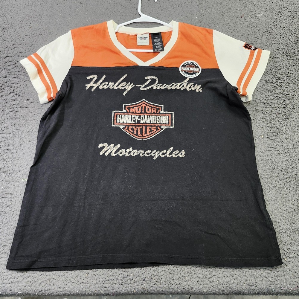 Harley-Davidson Shirt Womens 1W Black Orange V Neck Embroidered Motorcycle Tee