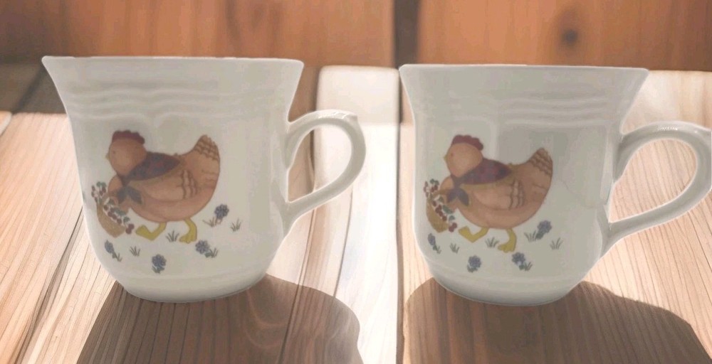Vintage Newcor Stoneware Coffee Mugs Set of 2 Chicken Hen Farmhouse Japan Vtg