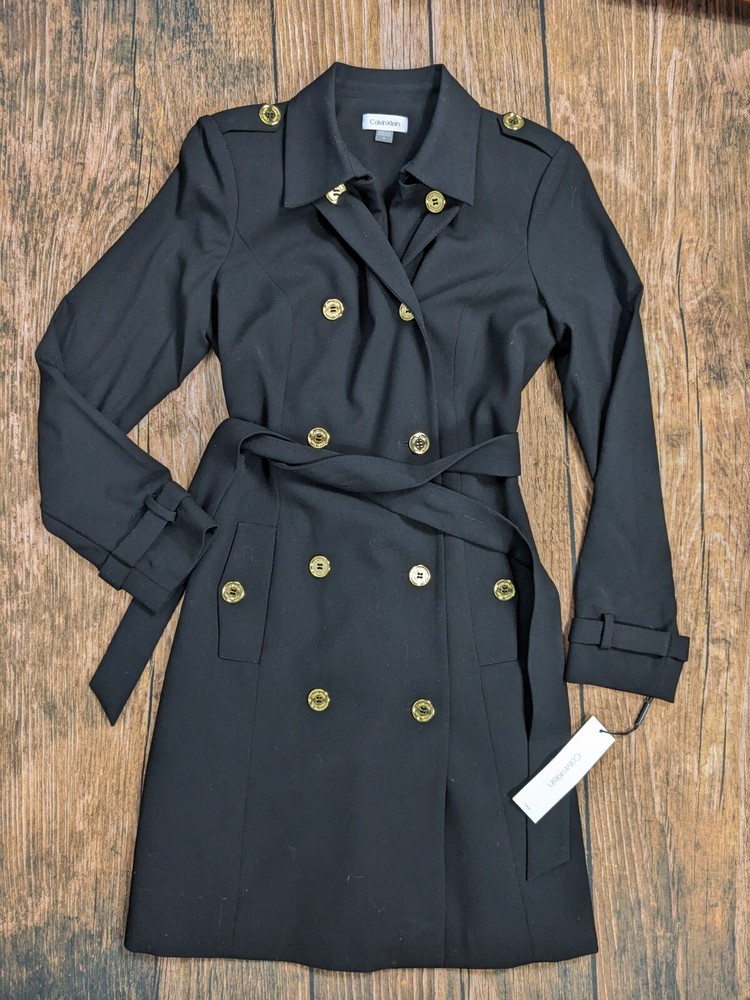 $139 MSRP NWT Women Calvin Klein Double Breasted Size 6 Black Trench Coat Jacket