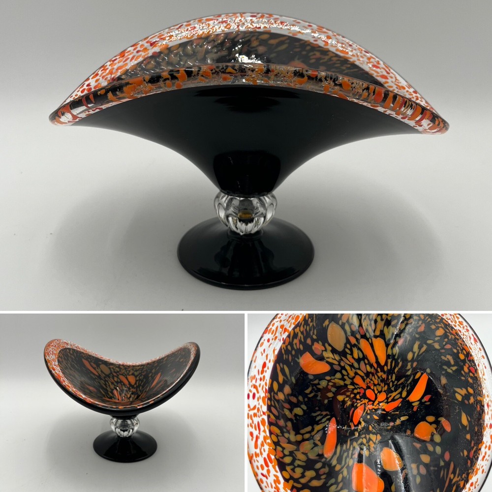 Abstract Freeform Blown Glass Pedestal Bowl in Halloween Orange & Black-image