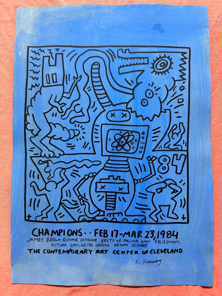 KEITH HARING - painting drawing 9.05 x 12.99 in  on old paper signed stamped