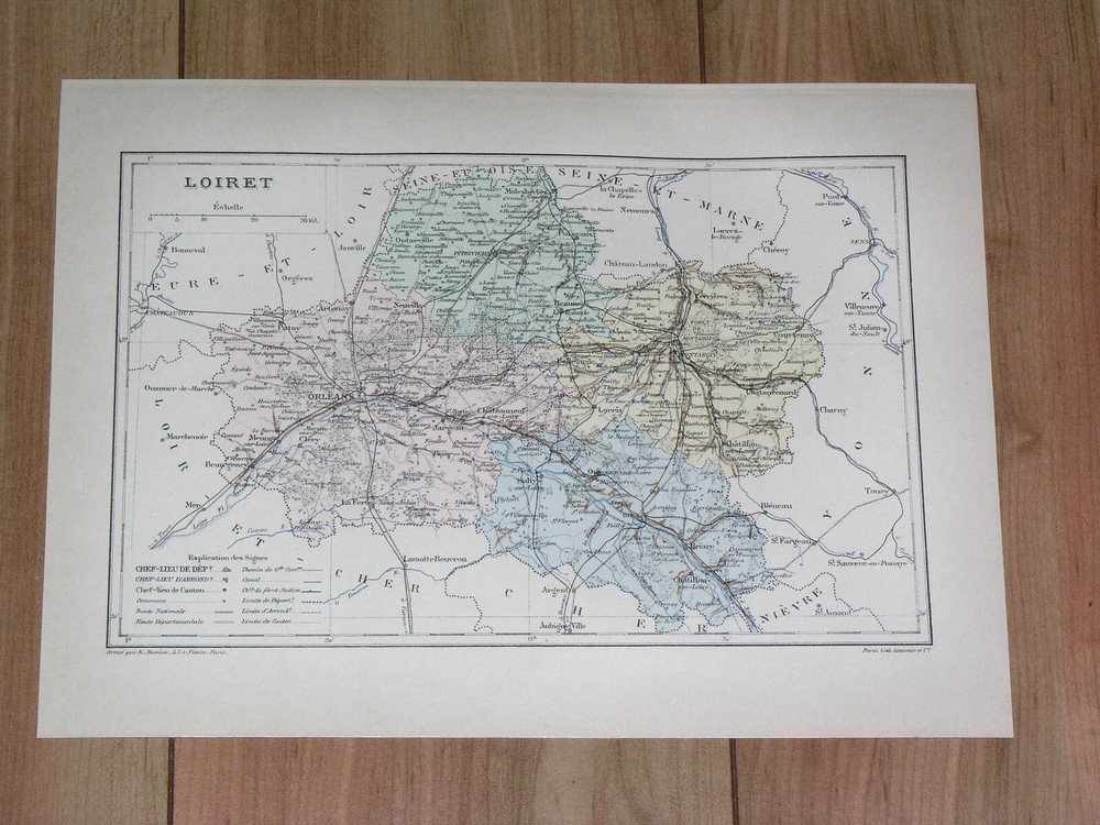 1887 Antique Original Map Of Department Of Loiret Orleans / France