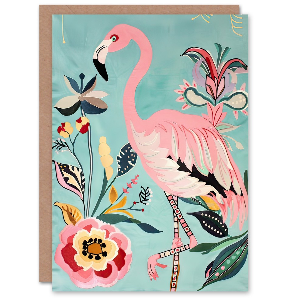 Greeting Card Flamingo Bird and Exotic Flowers Bright Painting Blank Birthday